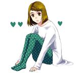  akira_rirurero brown_eyes brown_hair feet green_legwear heart lowres original pantyhose polka_dot polka_dot_legwear simple_background solo 