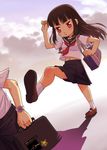  :t bag black_hair cloud dark_side_of_the_moon dutch_angle kicking long_hair meow_(nekodenki) midriff moyashimon oryzae-tan pink_floyd pout red_eyes school_bag school_uniform serafuku shadow sky solo xtc_(band) 