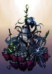  absurdres bikini_top black_hair black_rock_shooter black_rock_shooter_(character) boots burning_eye chain checkered checkered_floor highres hood hoodie long_hair scar short_shorts shorts skull solo twintails utu_(ldnsft) 