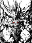  greyscale horns makai_no_juumin monochrome monster monster_hunter muscle no_humans rajang red_eyes simple_background spot_color white_background 