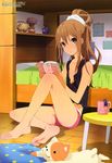  absurdres alternate_hairstyle barefoot bed black_shirt blush book brown_eyes brown_hair feet flat_chest hair_up highres iizuka_haruko legs long_hair long_legs long_toes looking_at_viewer megami no_bra non-web_source official_art ookami-san ookami_ryouko open_clothes open_shirt pillow pink_shorts ponytail shirt shorts sleeveless solo toes towel towel_on_head translated wet white_pillow white_towel 