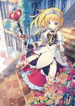  armor armored_dress blonde_hair blue_eyes colored_eyelashes dress eyelashes flower gauntlets kichiroku long_hair petals princess_(sekaiju) red_flower red_rose rose scepter sekaiju_no_meikyuu sekaiju_no_meikyuu_3 smile solo stairs star staring tiara 