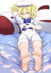  barefoot blonde_hair blue_sailor_collar blurry breasts curry_man depth_of_field feet foreshortening hat kitashirakawa_chiyuri lying medium_breasts midriff mimi-chan navel on_back orange_eyes pov_feet sailor sailor_collar sailor_hat short_hair shorts soles solo toes touhou touhou_(pc-98) 