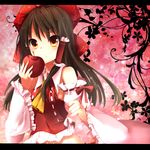  ao_ringo apple bad_apple!! bad_id bad_pixiv_id bow brown_hair detached_sleeves food fruit hair_bow hakurei_reimu letterboxed orange_eyes solo touhou 