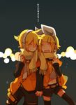 1girl blonde_hair bow brother_and_sister glider_(artist) hair_bow headphones holding_hands kagamine_len kagamine_rin scarf shared_scarf shorts siblings smile twins vocaloid 