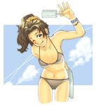  bad_id bad_pixiv_id bikini brown_eyes brown_hair copyright_request food leaning_forward long_hair one_eye_closed ponytail popsicle shinosuke_(artist) solo swimsuit tongue 