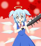  1girl :d blood bokusatsu_tenshi_dokuro-chan chiro_(bocchiropafe) cirno club commentary_request cosplay crossover excalibolg halo light_blue_hair mitsukai_dokuro mitsukai_dokuro_(cosplay) neck_ribbon open_mouth ribbon smile solo spiked_club symbol-shaped_pupils touhou twintails weapon 
