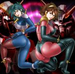  allenby_beardsley ass blue_bodysuit blue_eyes blue_hair bodysuit brown_hair earrings g_gundam gundam highres jewelry mecha mobile_trace_suit multicolored multicolored_bodysuit multicolored_clothes multiple_girls nobel_gundam pink_bodysuit rain_mikamura red_bodysuit rising_gundam short_hair toten_(der_fuhrer) 