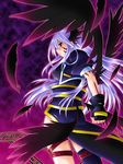  asymmetrical_legwear black_legwear black_wings breasts facial_mark feathers fingerless_gloves gloves head_wings jacket large_breasts leg_belt long_hair looking_back lyrical_nanoha magic_circle magical_girl mahou_shoujo_lyrical_nanoha mahou_shoujo_lyrical_nanoha_a's manabe_jouji multiple_wings open_clothes open_jacket purple_hair red_eyes reinforce single_thighhigh solo thigh_strap thighhighs very_long_hair waist_cape winged_hair_ornament wings 