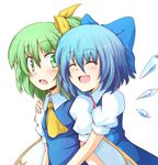  blue_hair blush bow chata_maru_(irori_sabou) cirno closed_eyes daiyousei green_eyes green_hair hair_bow hug hug_from_behind multiple_girls ribbon short_hair side_ponytail touhou wings 