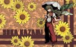  character_name flower green_hair hetza_(hellshock) highres kazami_yuuka kazami_yuuka_(pc-98) long_hair pants plaid plaid_vest red_eyes ribbon seihou short_sleeves solo sunflower tongue touhou touhou_(pc-98) umbrella vest wallpaper wings 