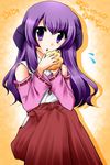  cream_puff detached_sleeves food hanyuu hazuki_(sutasuta) higurashi_no_naku_koro_ni horns japanese_clothes long_hair open_mouth purple_eyes purple_hair solo 