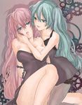  alice-yuki aqua_eyes aqua_hair bad_id bad_pixiv_id bare_shoulders chain hatsune_miku highres kneeling long_hair megurine_luka multiple_girls pink_hair sitting thighhighs very_long_hair vocaloid yuri 