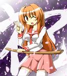  bokken brown_eyes kousei_(public_planet) long_hair orange_hair school_uniform seto_no_hanayome seto_sun solo sword thighhighs weapon wooden_sword 