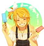  alternate_hairstyle bad_id bad_pixiv_id bare_shoulders casual food kagamine_rin overalls popsicle side_ponytail solo tim_(tim411) vocaloid 