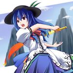  apron blue_hair bow cloud day dress food fruit hat hinanawi_tenshi long_hair mountain peach red_eyes seren_(staphy) solo sword sword_of_hisou touhou weapon 