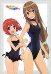  absurdres akai_ringo_(ookami-san) arm_hug artist_request blush brown_eyes brown_hair casual_one-piece_swimsuit choker competition_swimsuit embarrassed fang flat_chest frilled_swimsuit frills happy highleg highleg_swimsuit highres long_hair multiple_girls one-piece_swimsuit ookami-san ookami_ryouko open_mouth ponytail purple_eyes red_hair scan short_hair smile standing swimsuit thighs very_long_hair 