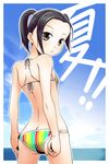  back bikini black_hair brown_eyes butt_crack c_(neta) day from_behind kobayakawa_rinko looking_back love_plus short_hair solo striped striped_bikini swimsuit twintails 