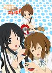  akiyama_mio black_eyes black_hair brown_eyes brown_hair castanets electric_guitar guitar hirasawa_ui hirasawa_yui illustrator_sho instrument k-on! long_hair multiple_girls ponytail school_uniform short_hair 