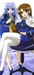  absurdres ahoge blue_eyes blue_hair book book_of_the_azure_sky brown_hair chair crossed_legs hair_ornament hairclip higa_yukari highres legs long_hair long_image lyrical_nanoha magic_circle mahou_senki_lyrical_nanoha_force mahou_shoujo_lyrical_nanoha_strikers military military_uniform multiple_girls non-web_source nyantype official_art pantyhose reinforce_zwei scan schwertkreuz short_hair sitting stick_poster tall_image tome_of_the_night_sky tsab_naval_military_uniform uniform white_legwear x_hair_ornament yagami_hayate 