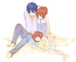  2girls barefoot blue_hair brown_hair clannad closed_eyes dango_daikazoku family furukawa_nagisa highres husband_and_wife ma_you multiple_girls okazaki_tomoya okazaki_ushio sleeping t-shirt_material 