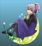  bad_id bad_pixiv_id crescent darker_than_black dress fingersmile hair_ribbon loafers obachin pantyhose ponytail purple_dress purple_eyes ribbon shoes silver_hair sitting solo star wristband yin 