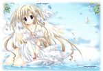  bare_shoulders blonde_hair blush dress feathers highres jewelry korie_riko long_hair necklace original purple_eyes ribbon solo water wings 