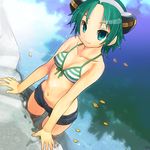  anshinmama bikini bikini_top denim denim_shorts from_above green_hair hyourin_no_mahiro leaf midriff navel shinrabanshou short_hair shorts solo striped striped_bikini swimsuit wading water wet 