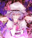  asymmetrical_clothes bad_id bad_pixiv_id bat_wings bow claws covering_face dress elbow_gloves embers fingerless_gloves fingernails frills gloves hat lavender_hair long_fingernails red_eyes remilia_scarlet smirk solo touhou tsurime wings wrist_cuffs yui_(niikyouzou) 