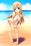  beach bikini blonde_hair blue_eyes breast_hold breasts cleavage cloud day front-tie_top halterneck hand_on_thigh highres k-on! kotobuki_tsumugi leaning_forward legs long_hair medium_breasts norizou_type-r ocean outdoors shadow side-tie_bikini sky smile solo swimsuit 