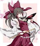  atoshi bow brown_hair cup detached_sleeves gohei hair_bow hakurei_reimu large_bow leaf leaf_background long_hair midriff open_mouth ponytail red_eyes sakazuki simple_background smile solo touhou 