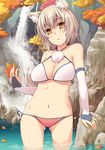  aaru_(tenrake_chaya) animal_ears bikini bridal_gauntlets criss-cross_halter halter_top halterneck hat inubashiri_momiji jewelry leaf maple_leaf navel ring short_hair side-tie_bikini solo swimsuit tail tokin_hat touhou wading water waterfall wolf_ears wolf_tail yellow_eyes 