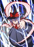  absurdres bad_id bad_pixiv_id blue_hair breasts danmaku dress electricity frills hat highres large_breasts nagae_iku pointing red_eyes ribbon shawl smile solo touhou try 