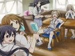  akiyama_mio bad_id bad_pixiv_id black_hair blonde_hair fan food green_eyes hair_ornament hairband hairclip hirasawa_yui hot k-on! kotobuki_tsumugi long_hair multiple_girls nakano_azusa open_mouth popsicle round_teeth school_uniform short_hair sitting sweat tainaka_ritsu teeth ton-chan turtle twintails zoff_(daria) 