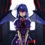  backlighting bat_wings blue_hair fang hat hat_removed headwear_removed holding holding_hat holysnow lavender_hair red_eyes remilia_scarlet short_hair slit_pupils solo standing touhou v_arms wings 