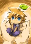  blonde_hair chibi cloud_strife final_fantasy final_fantasy_vii in_palm leaf male_focus meru miniboy out_of_frame pikmin_(series) pov pov_hands solo_focus spiked_hair 