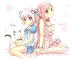  1girl back-to-back bad_id bad_pixiv_id cat character_name long_hair lucia_(pangya) mmmxx nell_(pangya) otoko_no_ko pangya pepper_(pangya) pink_eyes pink_hair purple_eyes ribbon short_hair short_twintails silver_hair sitting thighhighs twintails wariza white_legwear 