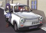  artist_name artist_request blue_eyes blue_hair car cat copyright_request ground_vehicle left-hand_drive long_hair map motor_vehicle multiple_girls red_eyes red_hair short_hair thighhighs trabant 