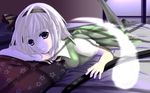  bad_id bad_pixiv_id bed black_hairband blue_eyes hairband highres konpaku_youmu konpaku_youmu_(ghost) leg_lift lying moonlight on_stomach pillow purple_eyes short_hair smile solo sword thighhighs touhou unibou wallpaper weapon 
