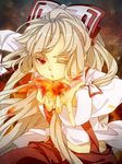  bad_id bad_pixiv_id bow fire fujiwara_no_mokou hair_bow hair_ribbon meo one_eye_closed red_eyes ribbon silver_hair solo touhou 