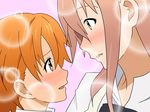  1girl blush botantyan brown_eyes bubble couple crossdressing eye_contact face-to-face hetero inami_mahiru looking_at_another orange_hair otoko_no_ko short_hair takanashi_kotori takanashi_souta wig working!! 