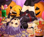  candy chocolate chocolate_bar crazy_straw doughnut drink drinking_straw eating food glass halloween jack-o'-lantern jelly_bean lollipop lying mouth_hold on_back original pumpkin purple_hair red_eyes solo swirl_lollipop thighhighs trick_or_treat upside-down zanshi 