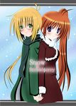  1girl back-to-back blush brown_hair couple glasses hetero holding_hands long_hair lyrical_nanoha mahou_shoujo_lyrical_nanoha_strikers ponytail purple_eyes scarf side_ponytail smile snow takamachi_nanoha teliga yuuno_scrya 