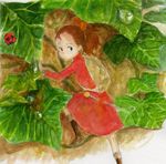 aoringo17 arrietty backpack bad_id bad_pixiv_id bag brown_hair bug clothes_pin colored_pencil_(medium) dew_drop dress highres insect karigurashi_no_arrietty ladybug leaf looking_back needle ponytail solo traditional_media water_drop 