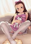  brown_hair camisole flat_chest highres idolmaster idolmaster_(classic) idolmaster_1 legs long_hair minase_iori red_eyes ribbon solo stuffed_animal stuffed_bunny stuffed_toy tanaka_shoutarou thighhighs 