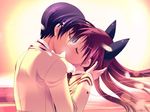  1600x1200 1boy 1girl blush blushing bow closed_eyes couple eyes_closed game_cg hair_ribbon hand_on_head harukazedori_ni_tomarigi_wo highres kiss kissing long_hair momotani_harune okina_shingo outdoors pink_hair purple_hair ribbon school_uniform seifuku serafuku sky sunset tougarashi_hideyu tsurugi_hagane twin_tails twintails uniform water 