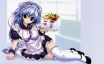  blue_hair brown_eyes long_hair mitsumine_minato oshiki_hitoshi ponytail suzunone_seven thigh-highs waitress 