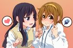  akiyama_mio alternate_hairstyle bangs black_hair blue_eyes blush brown_eyes brown_hair hair_down hairband heart holding_hands k-on! long_hair multiple_girls school_uniform short_hair shy sweater_vest tainaka_ritsu takanashi_ringo tomboy 