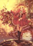  absurdres blonde_hair boots bow clock copyright_request dress earrings flower gears hair_bow highres jewelry knee_boots long_hair mirusa red_eyes ribbon roman_numerals smile solo 