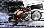  arm_cannon belt bikini_top black_hair black_rock_shooter black_rock_shooter_(character) blue_eyes boots boyaking chain flat_chest ground_vehicle harley_davidson jacket long_hair motor_vehicle motorcycle riding scar shorts solo weapon wheelie 